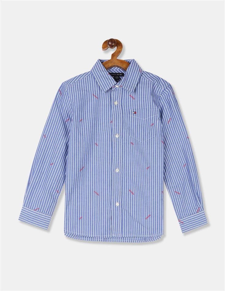 Tommy Hilfiger Boys Blue Long Sleeve Vertical Stripe Logo Shirt
